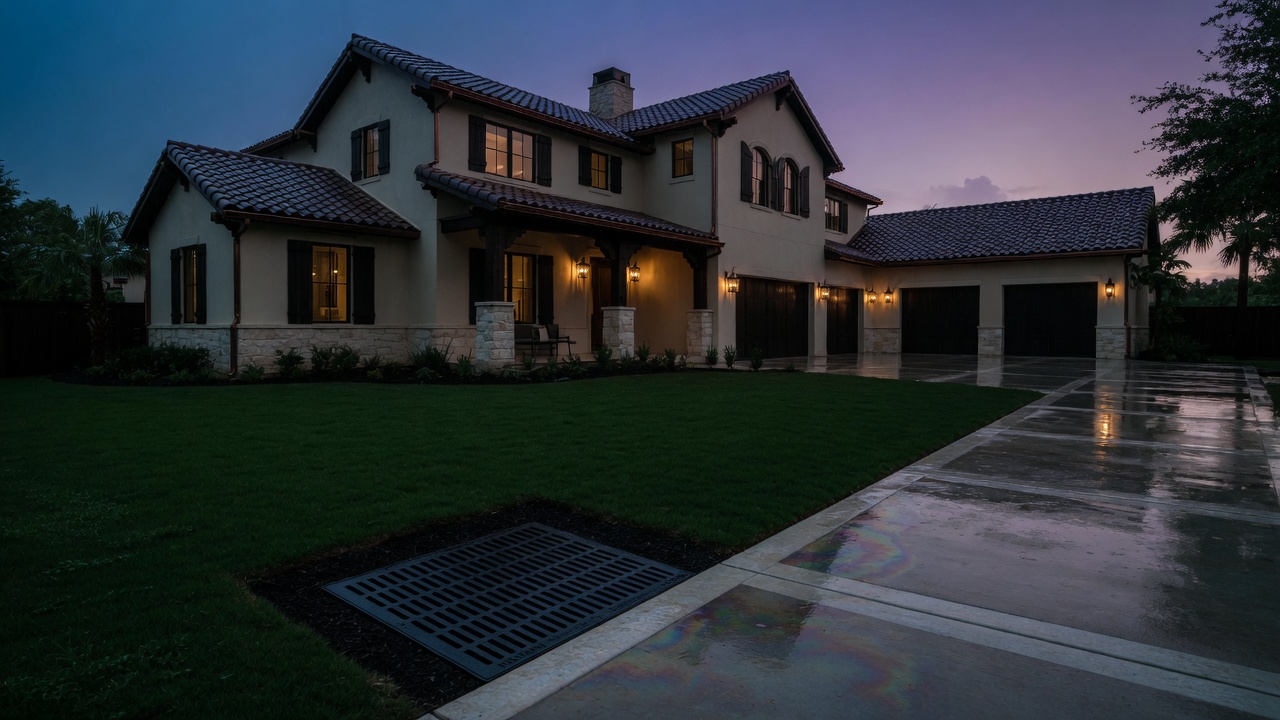 Premium home after rain with a catch basin in the lawn
