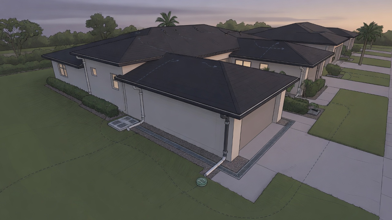 Residential property showing roof, yard, and drainage path